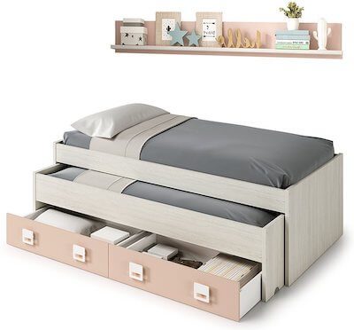 Cama nido barata con cajones y estantería incluida color blanco y rosa pastel, conjunto dormitorio infantil juvenil