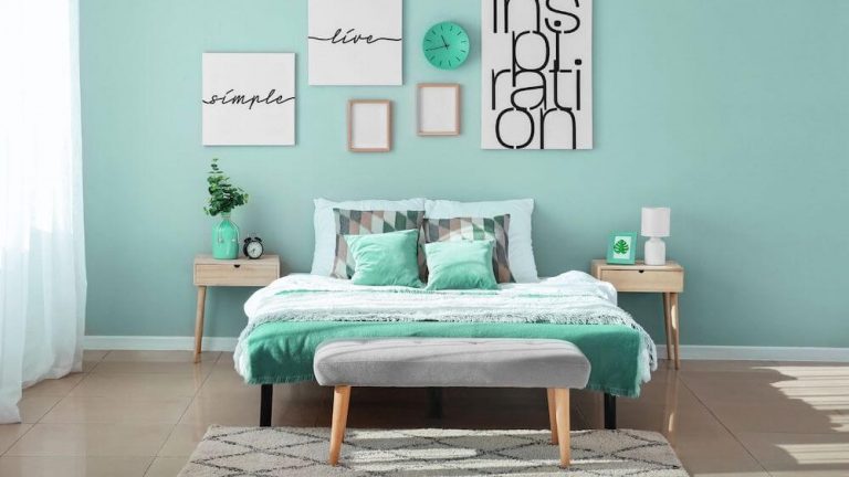 Moderna habitación dormitorio con colores turquesa